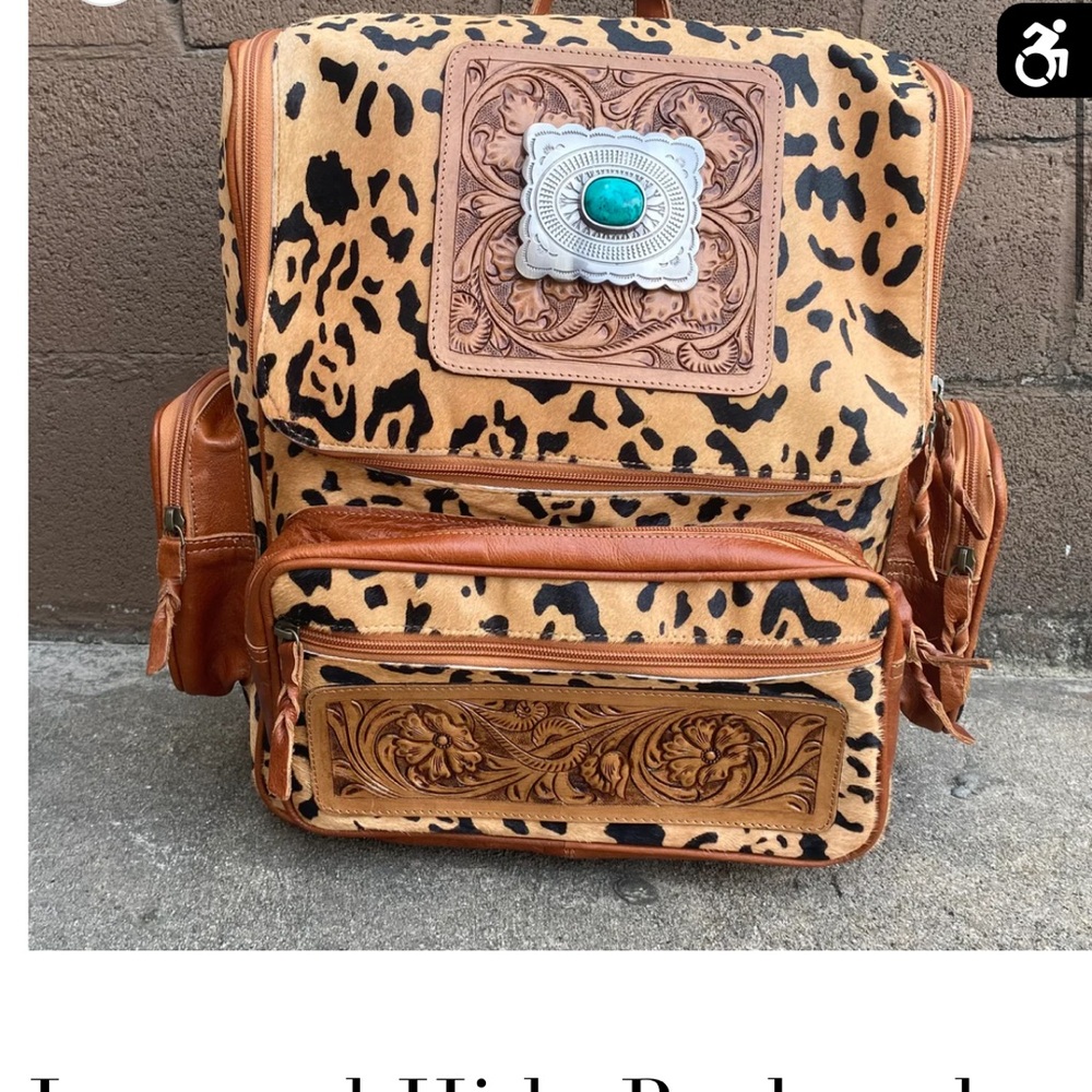 Genuine Cowhide printed with Leopard  Backpack with Faux Turquoise Accent